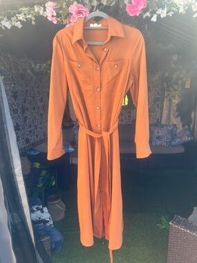 Rust Orange Button-Front Shirt Dress with Belt